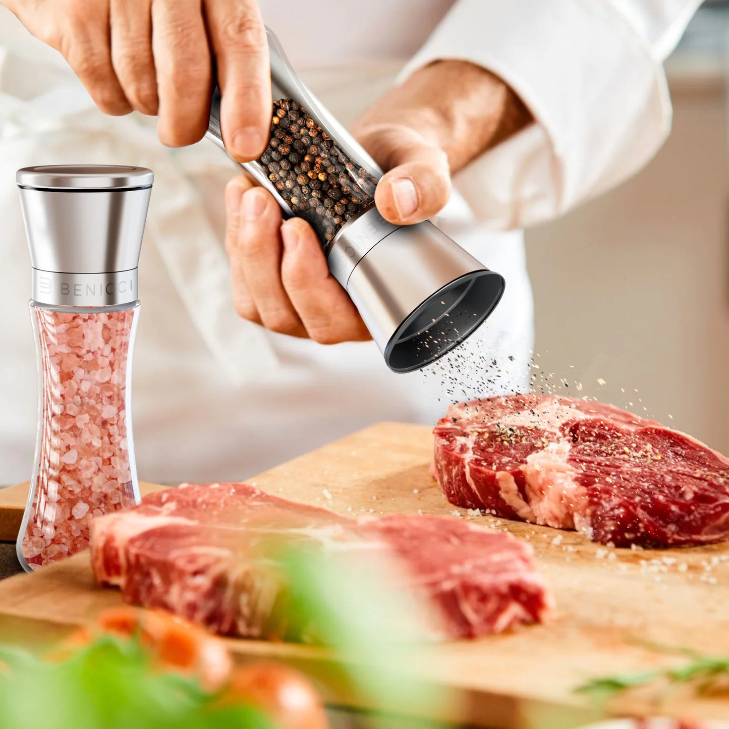 Beautiful Stainless Steel Salt & Pepper Grinders Refillable Set - Two 7 oz Salt / Spice Shakers with Adjustable Coarse Mills - Easy Clean Ceramic Grinders with BONUS Silicone Funnel and Cleaning Brush