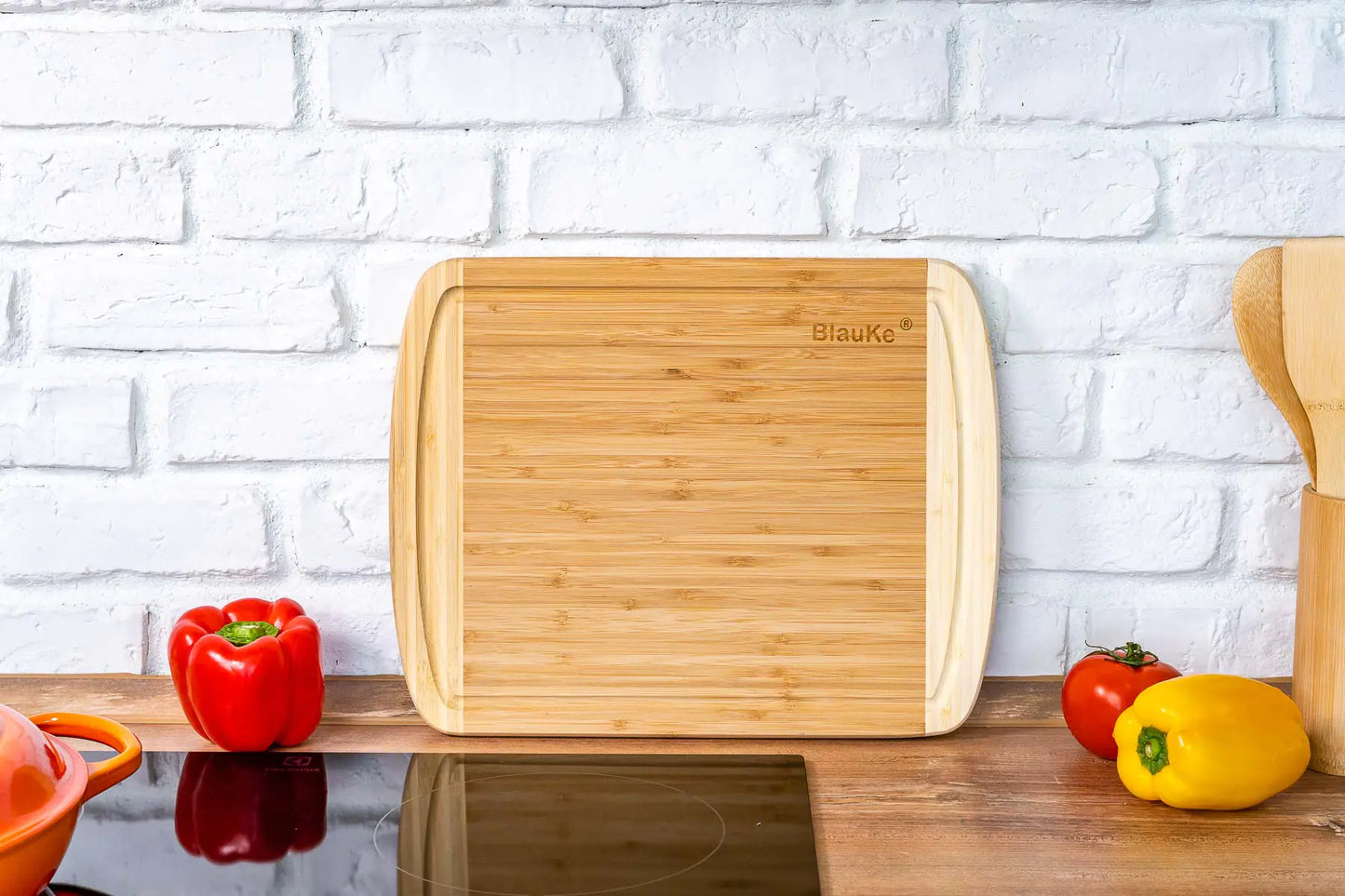 Large Wood Cutting Board for Kitchen 14x11 inch - Bamboo Chopping Board with Juice Groove - Wooden Serving Tray