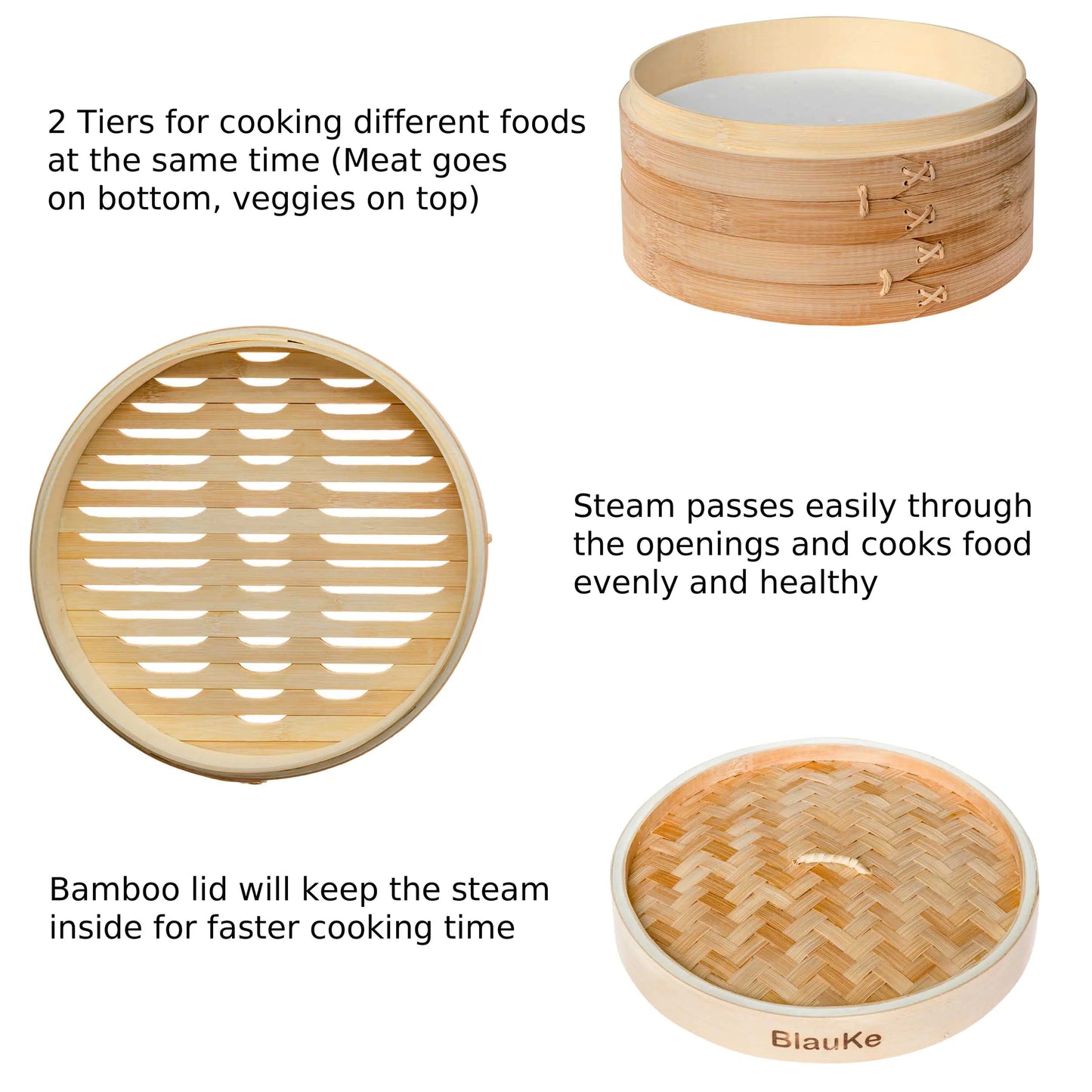 2-Tier Bamboo Steamer for Cooking Dumplings, Vegetables, Meat, Fish, Rice - Bamboo Steamer Basket 10 Inch with 2 Pairs Chopsticks, Tongs and 50 Paper Liners