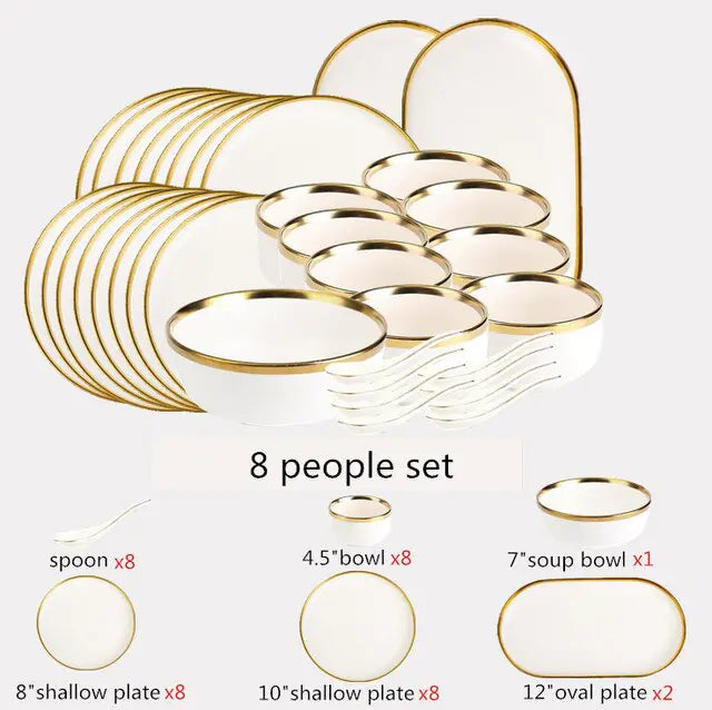 High-quality Matte Gilt Rim White Porcelain Dinner Tray Kitchen Plates Ceramic Tableware Food Dishes Rice Salad Noodles Bowl