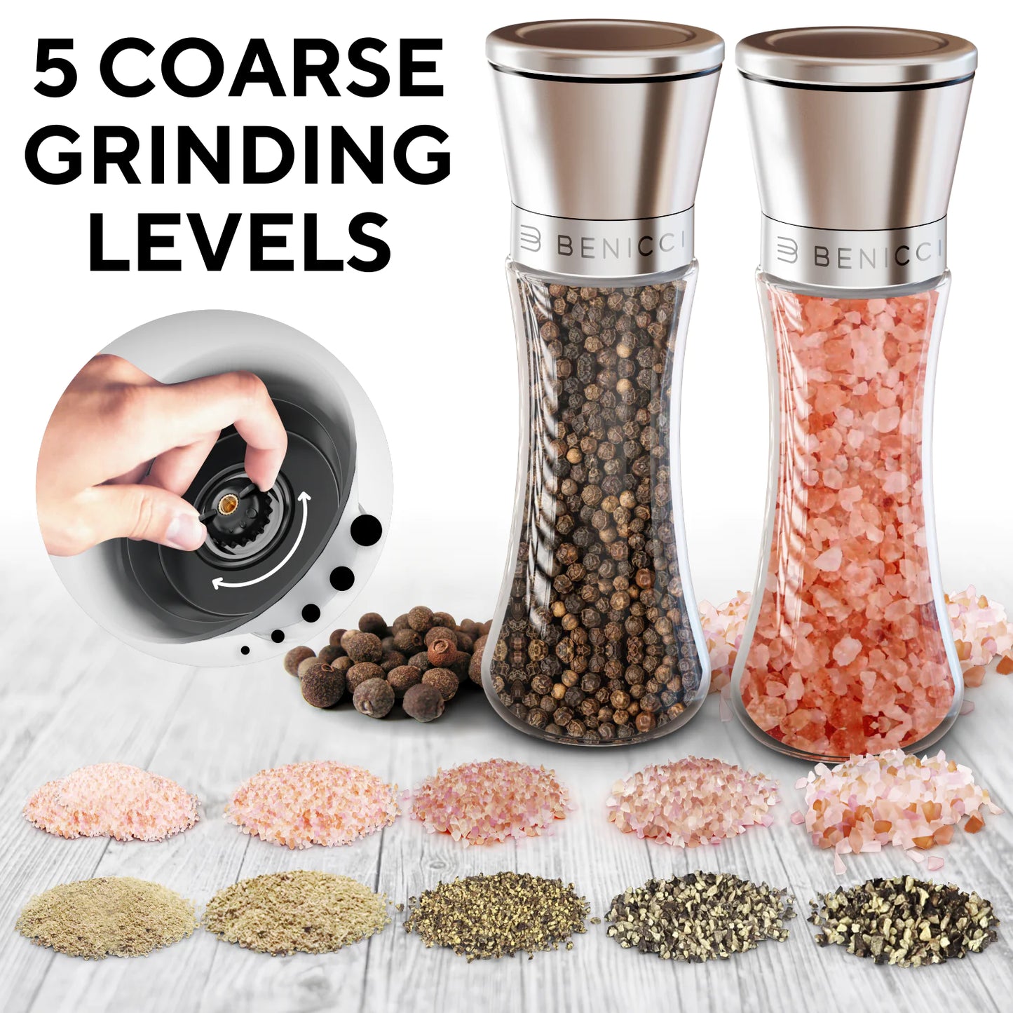 Beautiful Stainless Steel Salt & Pepper Grinders Refillable Set - Two 7 oz Salt / Spice Shakers with Adjustable Coarse Mills - Easy Clean Ceramic Grinders with BONUS Silicone Funnel and Cleaning Brush