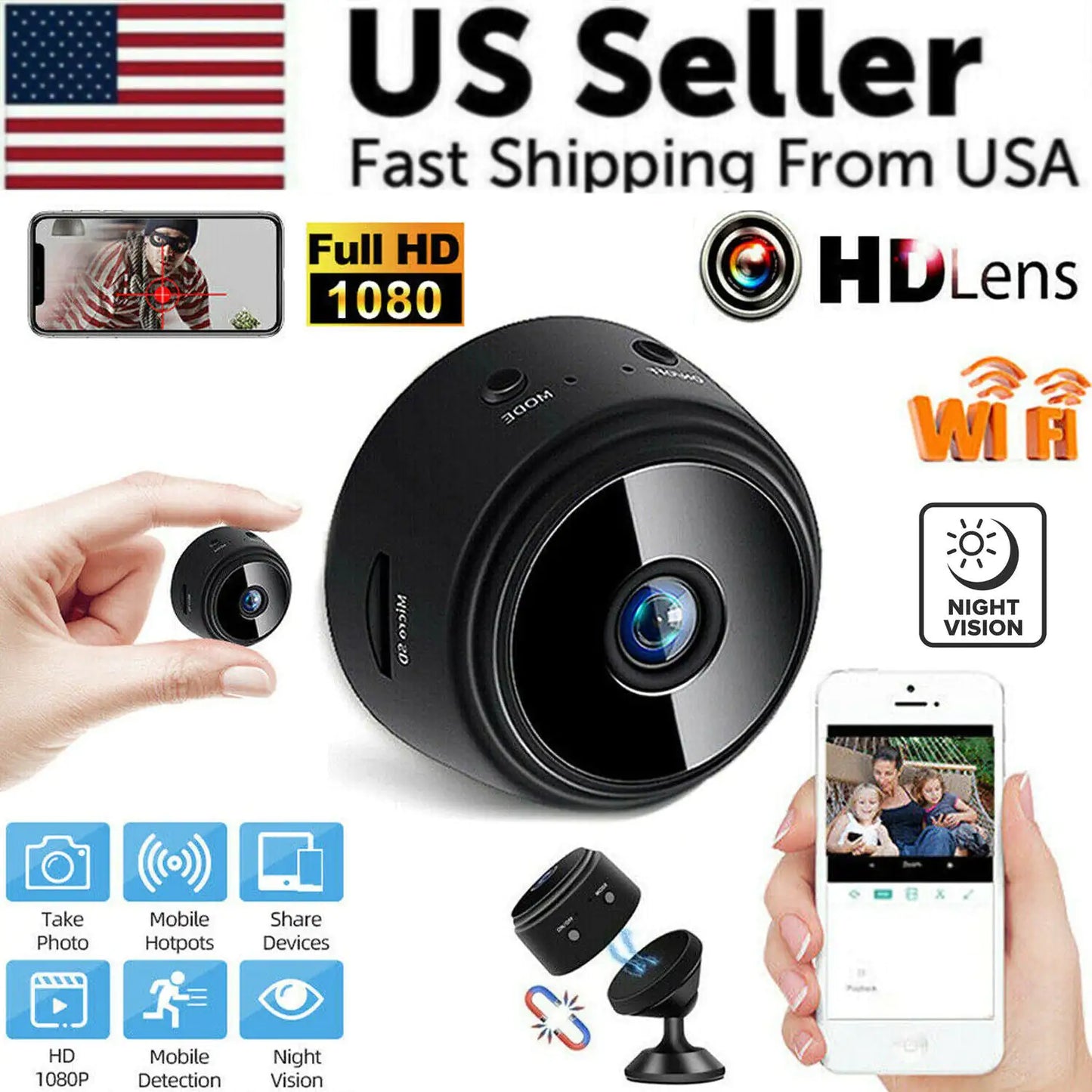 Mini Wireless Hidden Camera WiFi IP Home Security DVR Night Vision HD USB 1080P