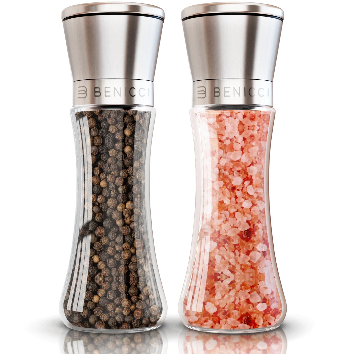 Beautiful Stainless Steel Salt & Pepper Grinders Refillable Set - Two 7 oz Salt / Spice Shakers with Adjustable Coarse Mills - Easy Clean Ceramic Grinders with BONUS Silicone Funnel and Cleaning Brush